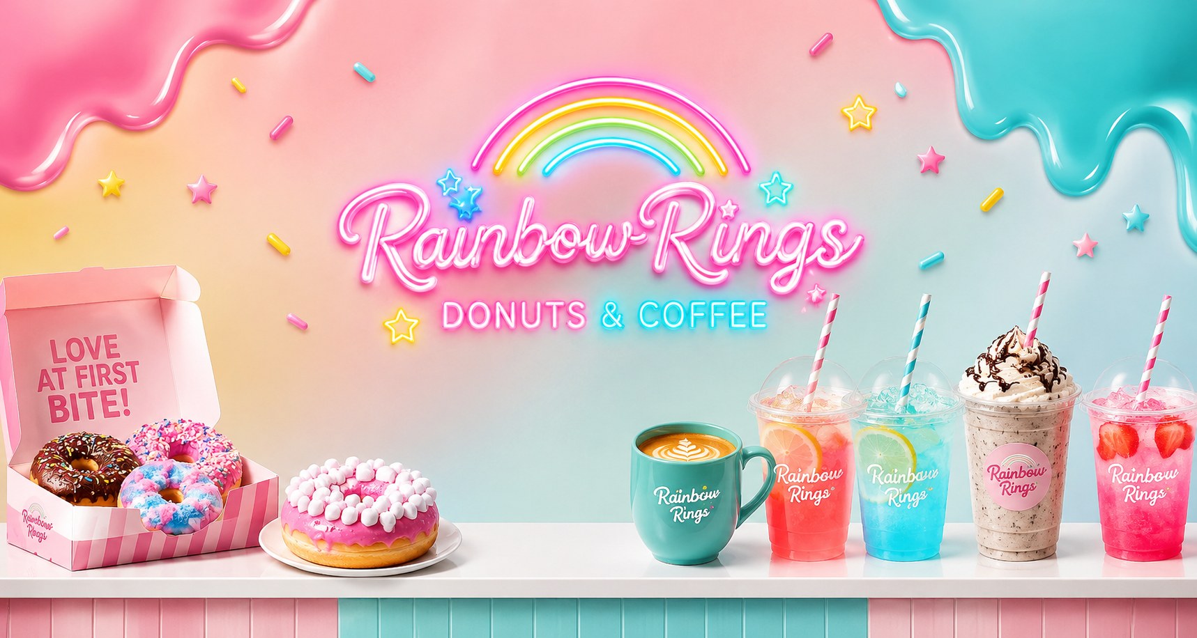 Rainbow Ringsのネオンサインと、ドーナツの箱・ドリンクが並んだカウンター