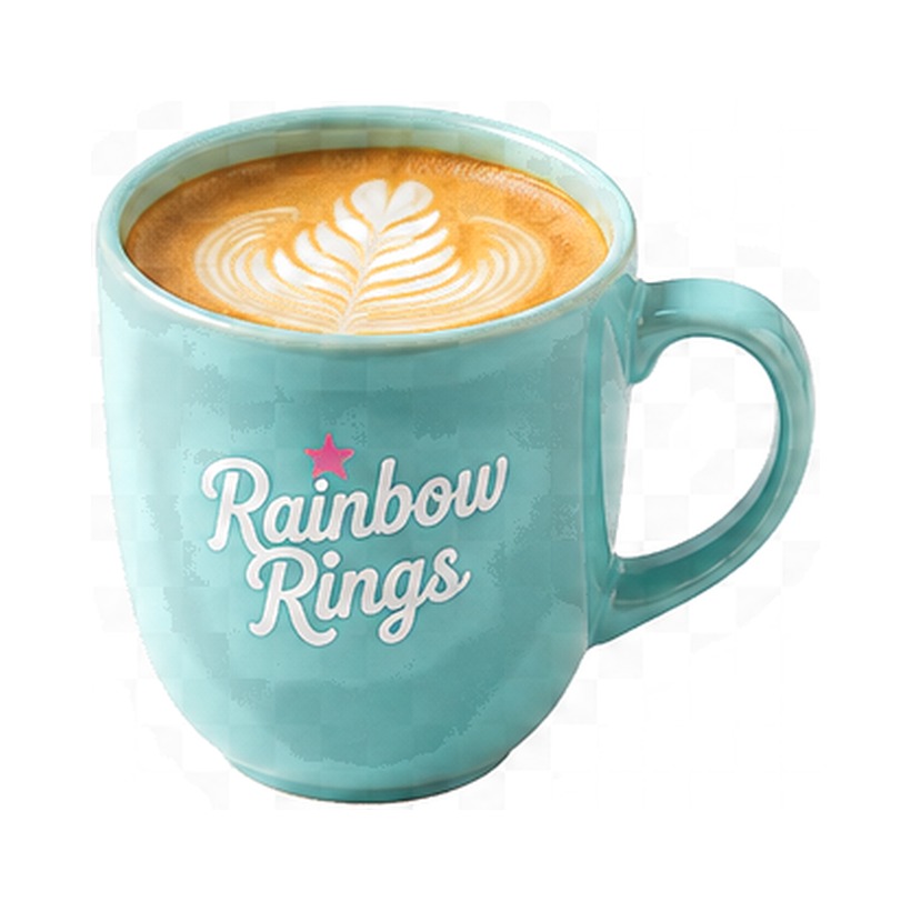 ラテアートを描いたRainbow Ringsオリジナルマグのカフェラテ