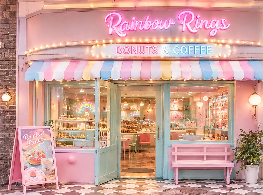 パステルカラーのテラス席が並ぶRainbow Ringsの店頭