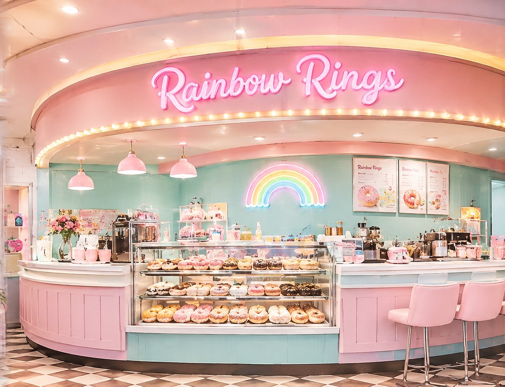 ピンクとミントで統一されたRainbow Ringsのショーケースと店内