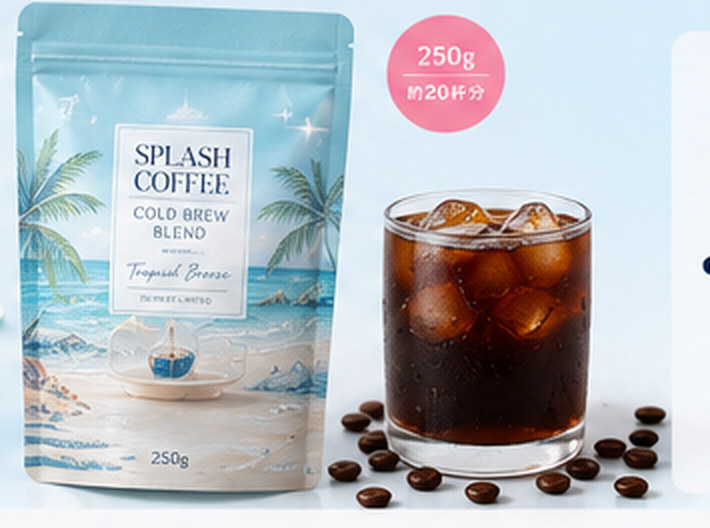 夏限定のコールドブリューブレンド「トロピカルブリーズ」250gのパッケージと、氷を入れたグラスに注いだアイスコーヒー。