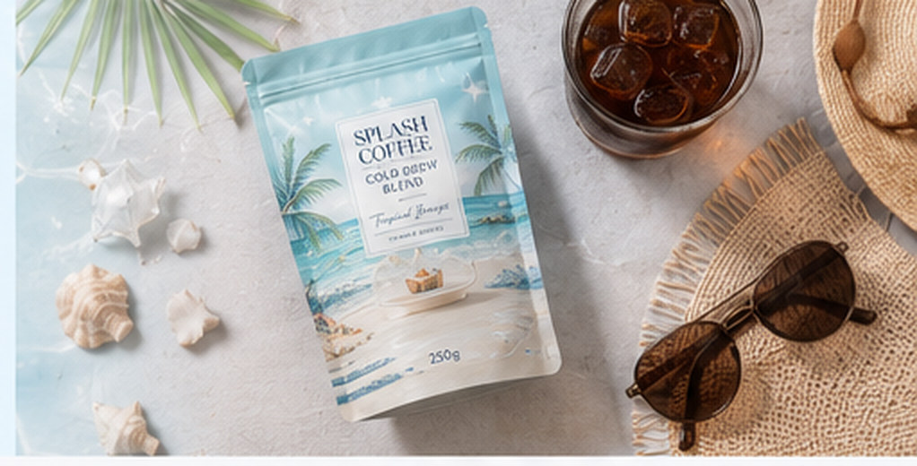 夏の小物と一緒に並べたコールドブリューブレンドのパッケージ、アイスコーヒーのグラス、麦わら帽子とサングラス。