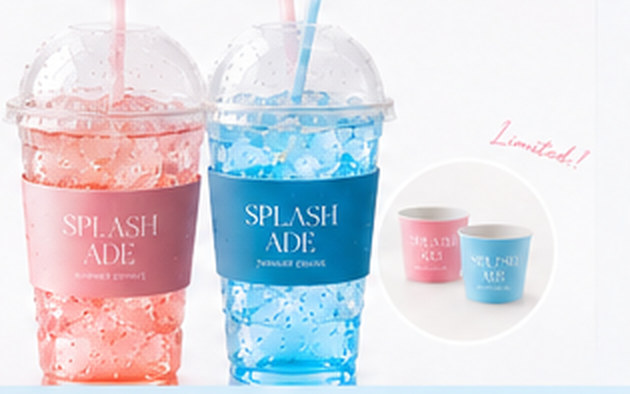 夏限定カップ2種。ピンクとブルーのカップホルダーを巻いたクリアカップと、持ち帰り用の限定カップホルダー。