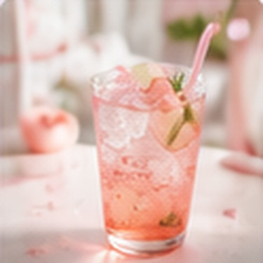 ストローを挿したピーチピンクエイドを店内のテーブルに置いた写真